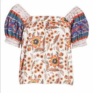 Joie Cleona Cotton Top Puff Sleeves floral square neck ruffle brunch smocked L